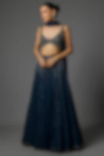 Deep Sapphire Blue Pure Crepe Sequins Embroidered Wedding Lehenga Set by Krishna Padia at Pernia's Pop Up Shop