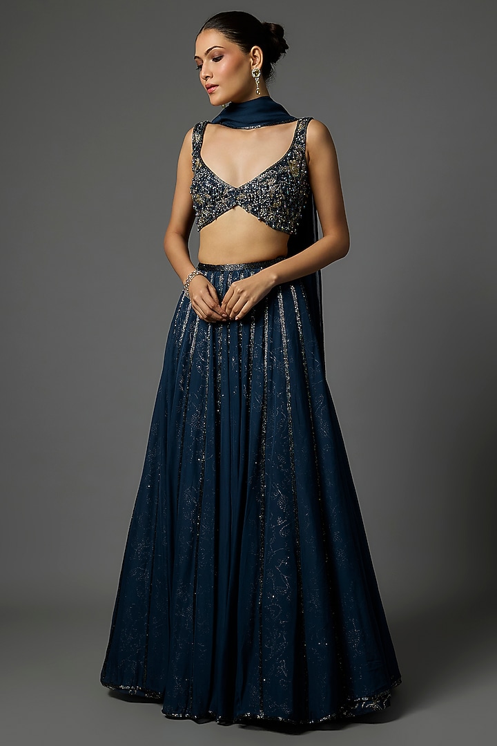 Deep Sapphire Blue Pure Crepe Sequins Embroidered Wedding Lehenga Set by Krishna Padia at Pernia's Pop Up Shop
