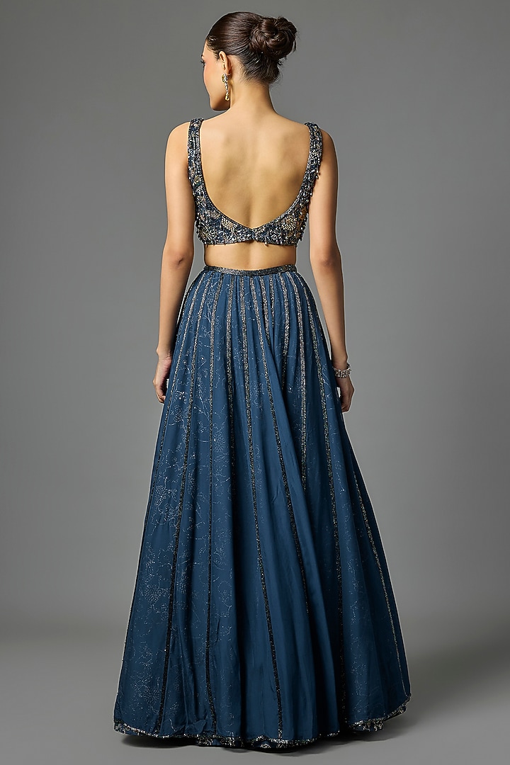 Deep Sapphire Blue Pure Crepe Sequins Embroidered Wedding Lehenga Set by Krishna Padia at Pernia's Pop Up Shop
