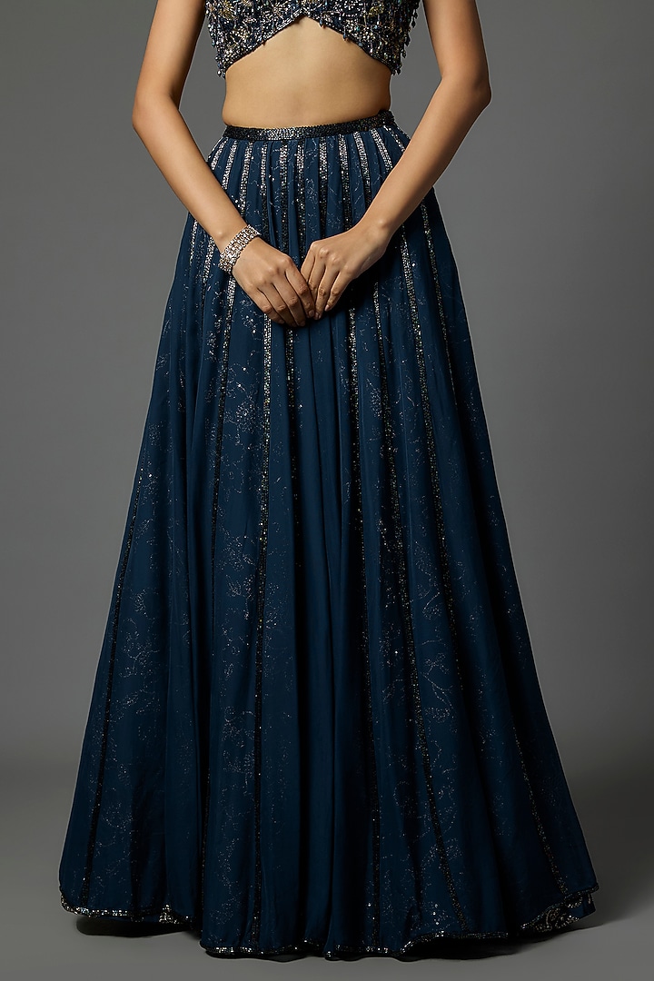 Deep Sapphire Blue Pure Crepe Sequins Embroidered Wedding Lehenga Set by Krishna Padia at Pernia's Pop Up Shop