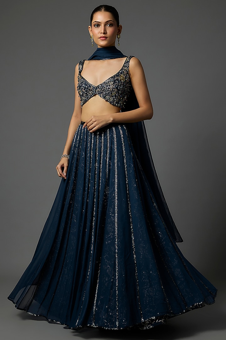 Deep Sapphire Blue Pure Crepe Sequins Embroidered Wedding Lehenga Set by Krishna Padia at Pernia's Pop Up Shop