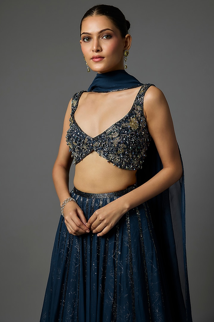 Deep Sapphire Blue Pure Crepe Sequins Embroidered Wedding Lehenga Set by Krishna Padia at Pernia's Pop Up Shop