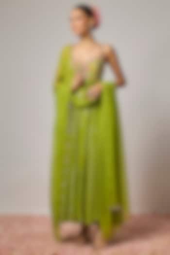 Mehendi Green Lurex Georgette Hand Embroidered Wedding Anarkali Set by Krishna Padia at Pernia's Pop Up Shop