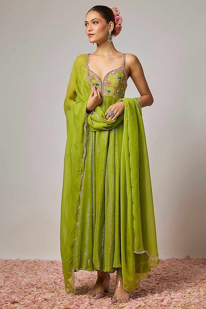 Mehendi Green Lurex Georgette Hand Embroidered Wedding Anarkali Set by Krishna Padia at Pernia's Pop Up Shop