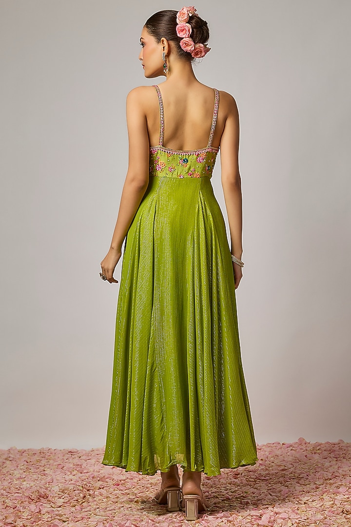 Mehendi Green Lurex Georgette Hand Embroidered Wedding Anarkali Set by Krishna Padia at Pernia's Pop Up Shop