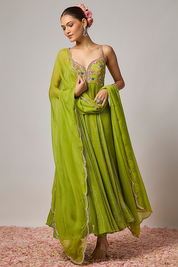 Mehendi Green Lurex Georgette Hand Embroidered Wedding Anarkali Set by Krishna Padia at Pernia's Pop Up Shop