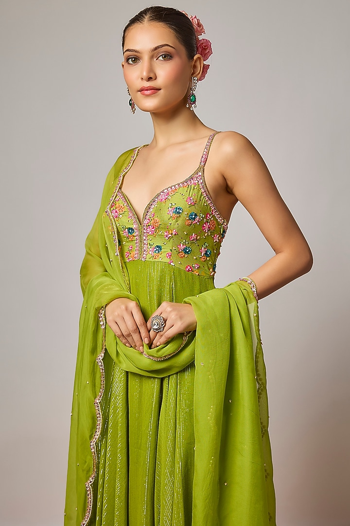 Mehendi Green Lurex Georgette Hand Embroidered Wedding Anarkali Set by Krishna Padia at Pernia's Pop Up Shop