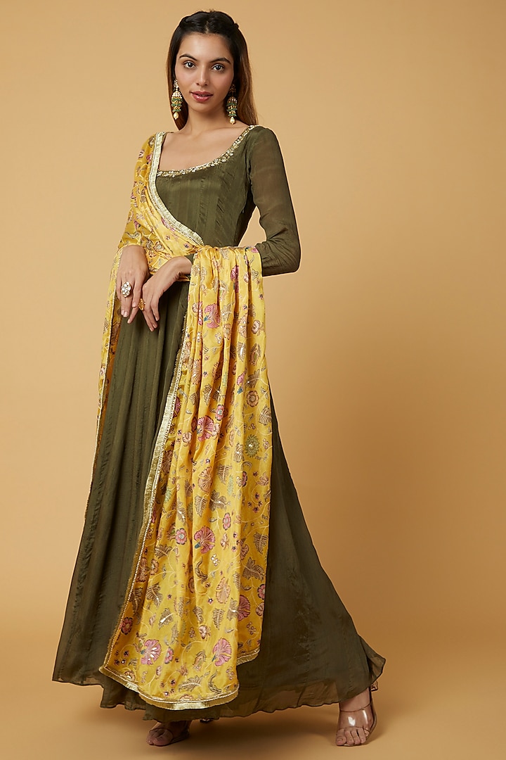 Forest Green Embroidered Anarkali Set by WILDFLOWER BY KRISHNA
