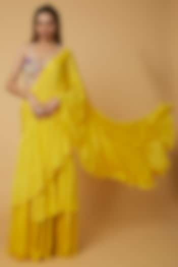 Bright Yellow Chinnon Lehenga Saree Set by WILDFLOWER BY KRISHNA