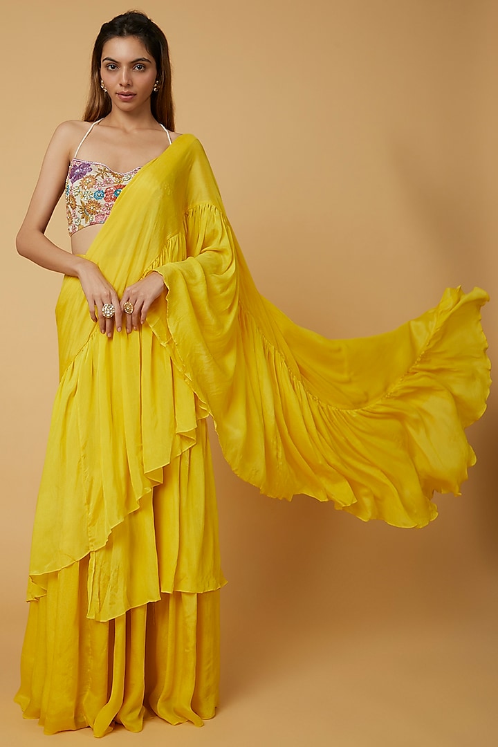 Bright Yellow Chinnon Lehenga Saree Set by WILDFLOWER BY KRISHNA