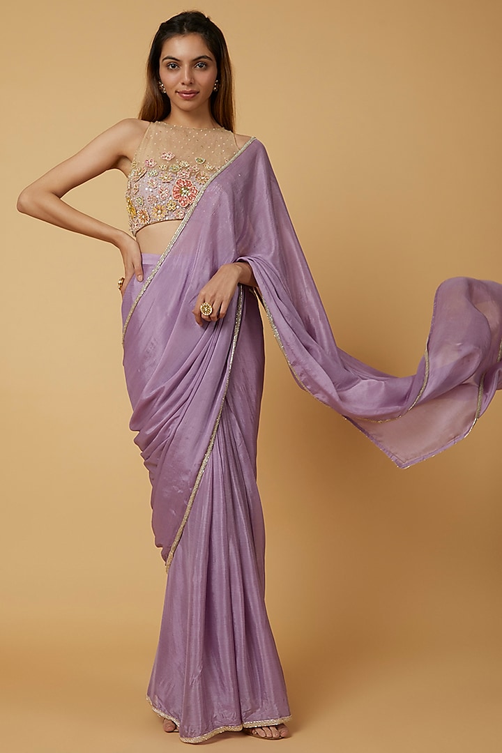 Orchid Purple Embroidered Draped Saree Set by WILDFLOWER BY KRISHNA