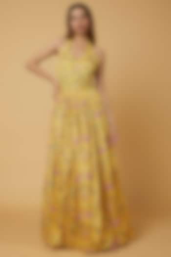 Yellow Floral Printed Gown by WILDFLOWER BY KRISHNA