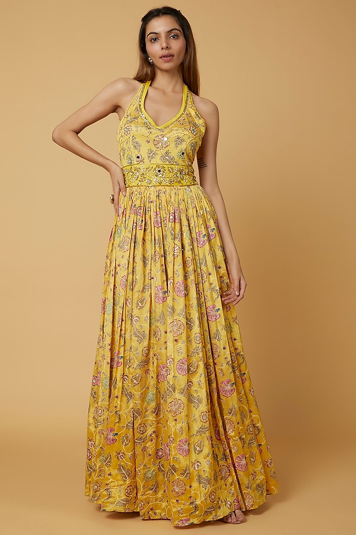 Yellow Floral Printed Gown by WILDFLOWER BY KRISHNA