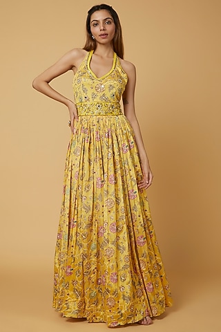 Yellow Floral Printed Gown by Krishna Padia