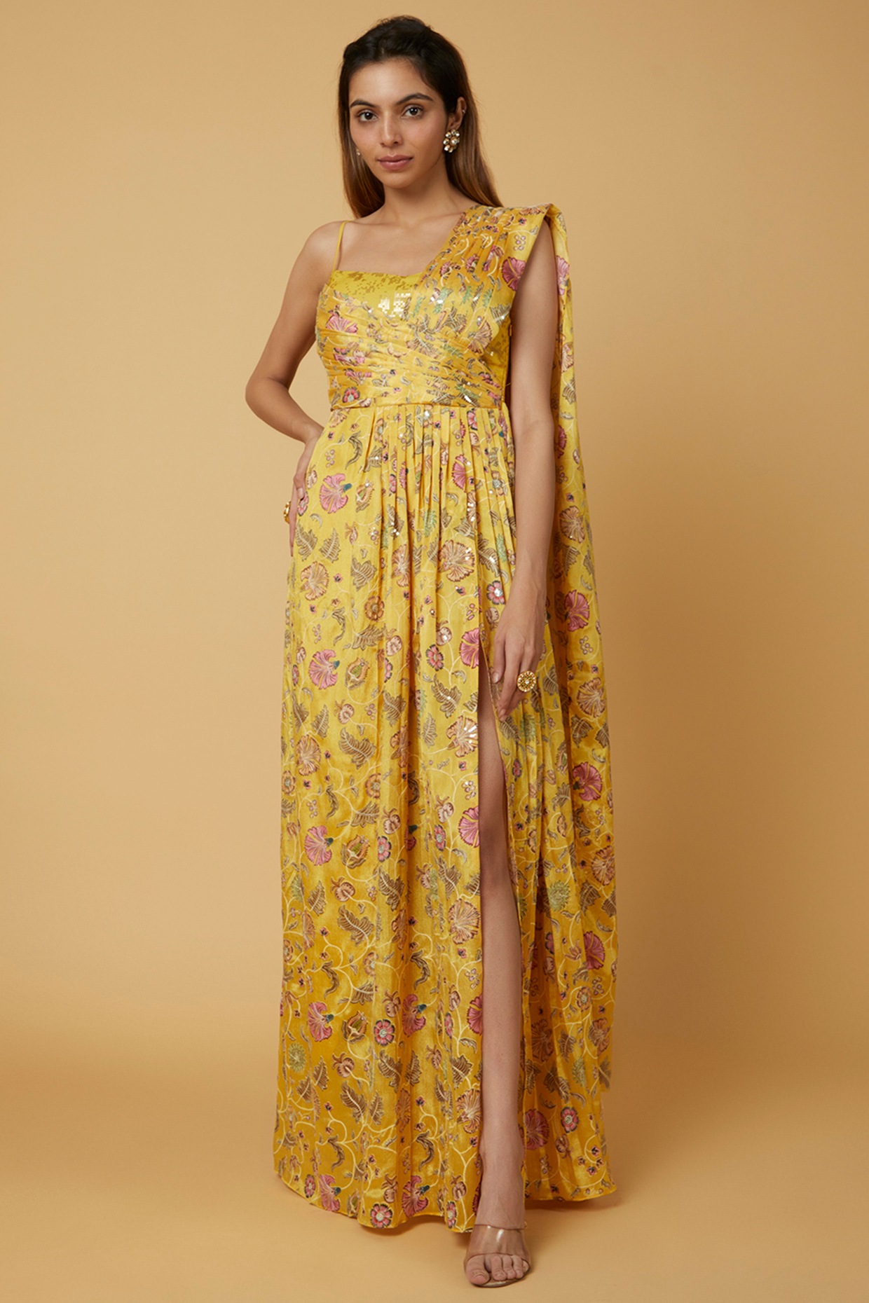 Freshta's new heavy Embroidered yellow colour gown