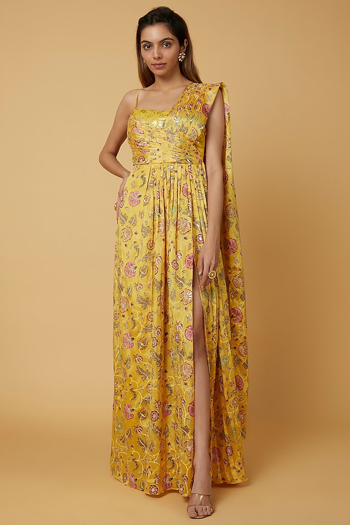 Yellow Chinnon Silk Floral Printed Gown Saree  by WILDFLOWER BY KRISHNA