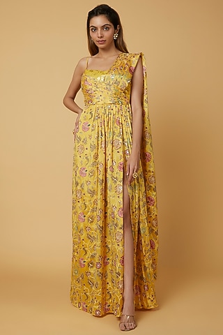 Yellow Chinnon Silk Floral Printed Gown Saree  by Krishna Padia