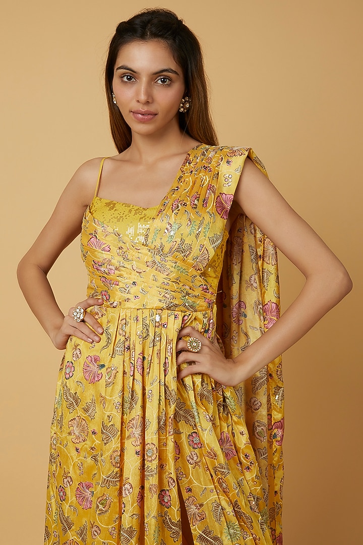 Yellow Chinnon Silk Floral Printed Party Wear Gown Saree  by Krishna Padia at Pernia's Pop Up Shop