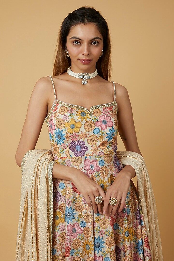 Pearl Beige Floral Printed Wedding Anarkali Set by Krishna Padia at Pernia's Pop Up Shop