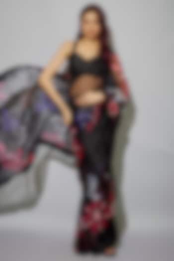 Black Organza Floral Printed & Glass Beads Embroidered Pre-Draped Party Wear Saree Set by Krishna Padia at Pernia's Pop Up Shop