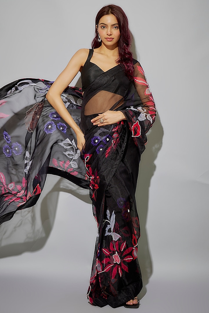 Black Organza Floral Printed & Glass Beads Embroidered Pre-Draped Party Wear Saree Set by Krishna Padia at Pernia's Pop Up Shop