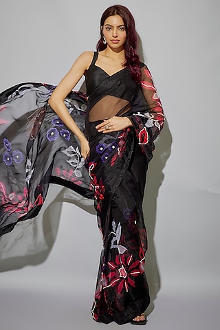 Black Organza Floral Printed & Glass Beads Embroidered Pre-Draped Saree Set by Krishna Padia