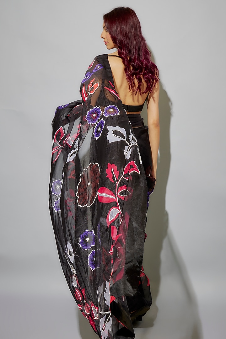 Black Organza Floral Printed & Glass Beads Embroidered Pre-Draped Party Wear Saree Set by Krishna Padia at Pernia's Pop Up Shop