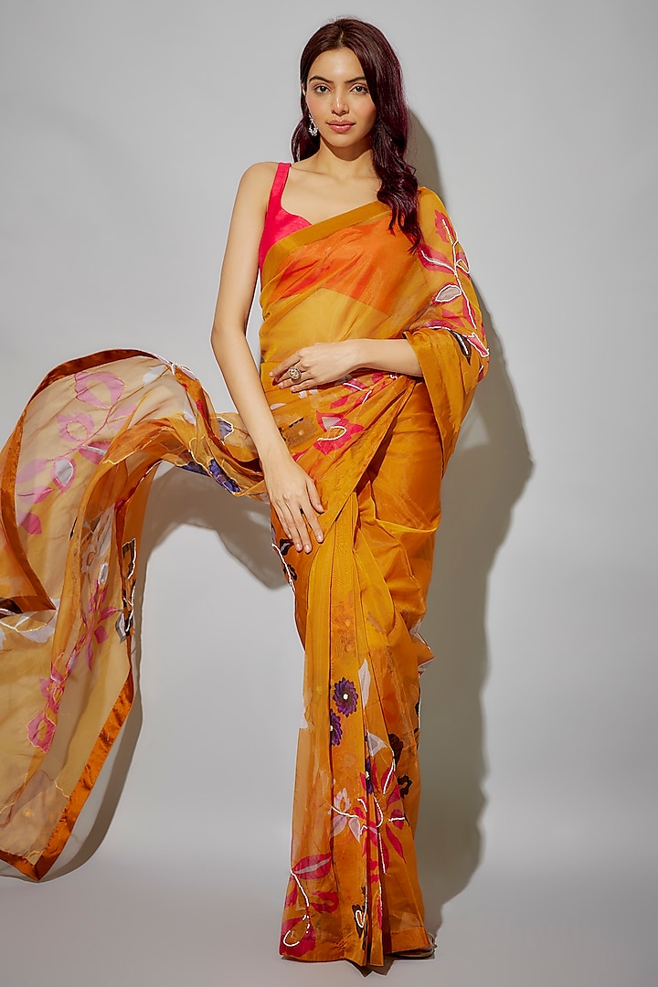 Mustard Organza Floral Printed & Glass Beads Embroidered Pre-Draped Party Wear Saree Set by Krishna Padia at Pernia's Pop Up Shop