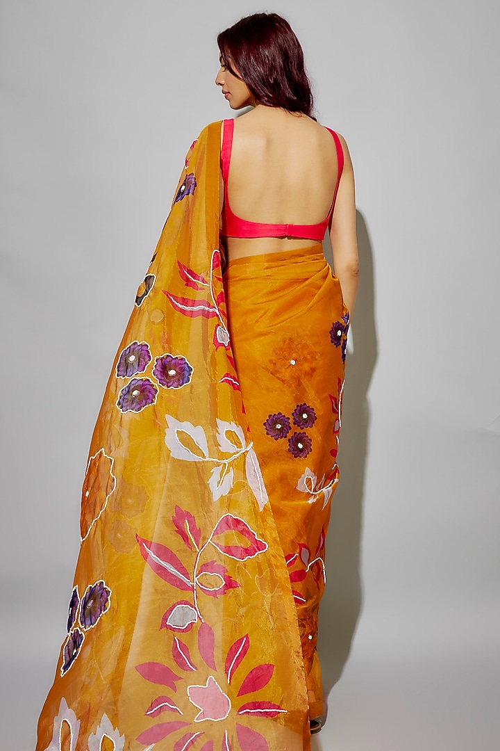 Mustard Organza Floral Printed & Glass Beads Embroidered Pre-Draped Party Wear Saree Set by Krishna Padia at Pernia's Pop Up Shop