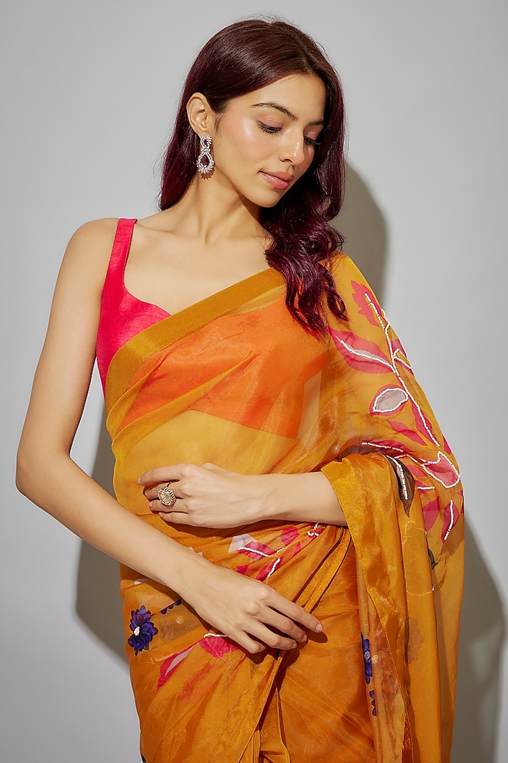 Mustard Organza Floral Printed & Glass Beads Embroidered Pre-Draped Party Wear Saree Set by Krishna Padia at Pernia's Pop Up Shop