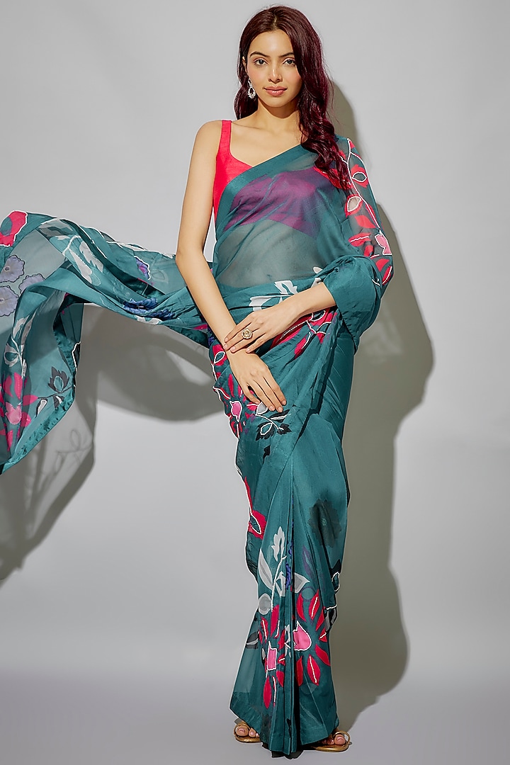 Teal Blue Organza Floral Printed & Glass Beads Embroidered Pre-Draped Saree Set by Krishna Padia at Pernia's Pop Up Shop