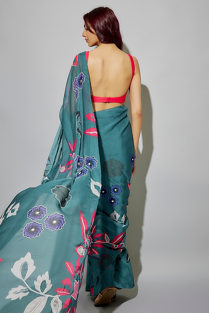 Teal Blue Organza Floral Printed & Glass Beads Embroidered Pre-Draped Party Wear Saree Set by Krishna Padia at Pernia's Pop Up Shop
