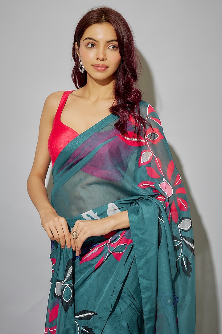 Teal Blue Organza Floral Printed & Glass Beads Embroidered Pre-Draped Party Wear Saree Set by Krishna Padia at Pernia's Pop Up Shop