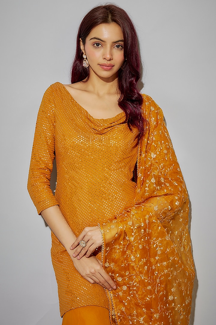 Mustard Georgette Party Wear Sharara Set by Krishna Padia at Pernia's Pop Up Shop