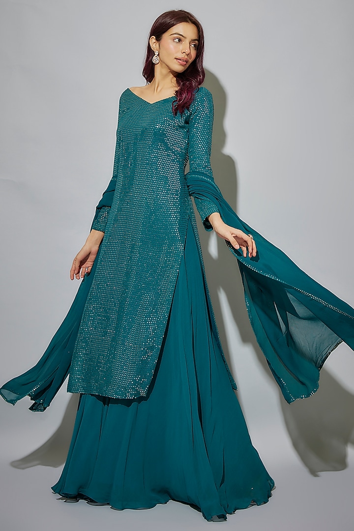Teal Blue Georgette Sequins Embroidered Kurta Set by WILDFLOWER BY KRISHNA
