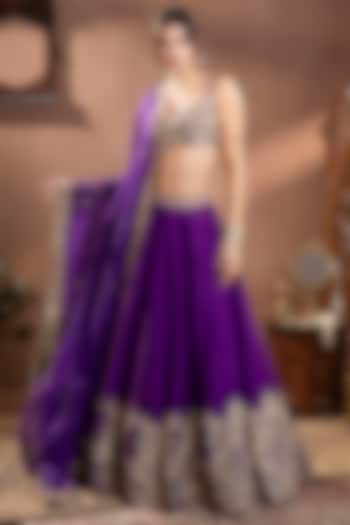 Purple Moonga Silk Zardosi Hand Embroidered Bridal Lehenga Set by Krishna Padia at Pernia's Pop Up Shop