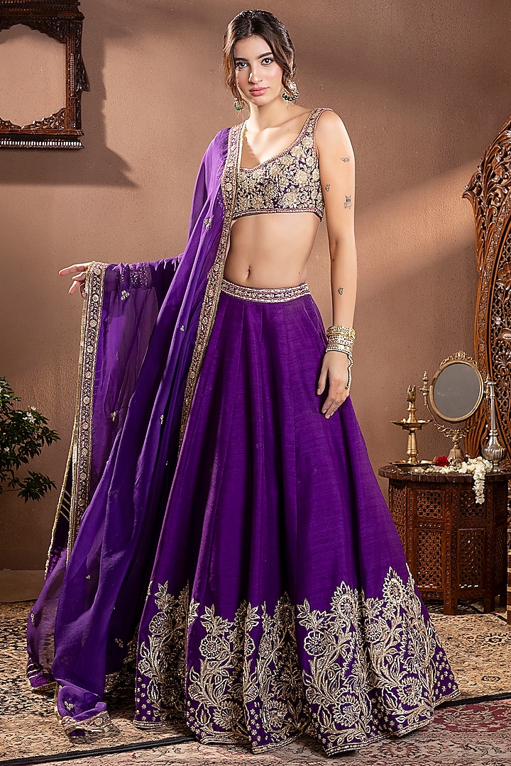 Purple Moonga Silk Zardosi Hand Embroidered Bridal Lehenga Set by Krishna Padia at Pernia's Pop Up Shop