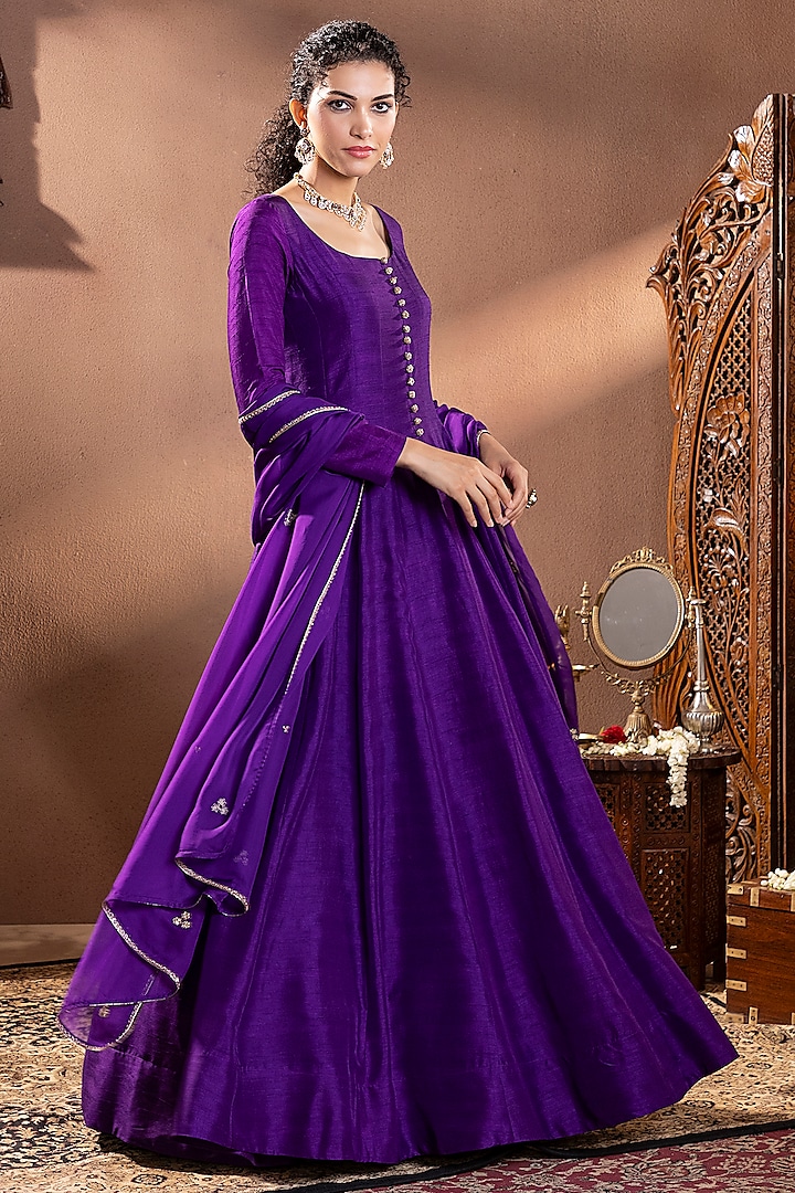 Purple Moonga Silk Zardosi Hand Embroidered Anarkali Set by Krishna Padia at Pernia's Pop Up Shop