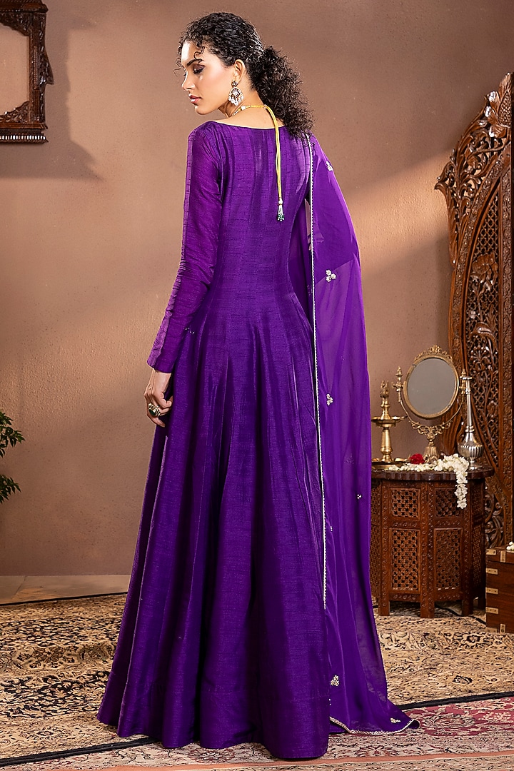 Purple Moonga Silk Zardosi Hand Embroidered Wedding Anarkali Set by Krishna Padia at Pernia's Pop Up Shop
