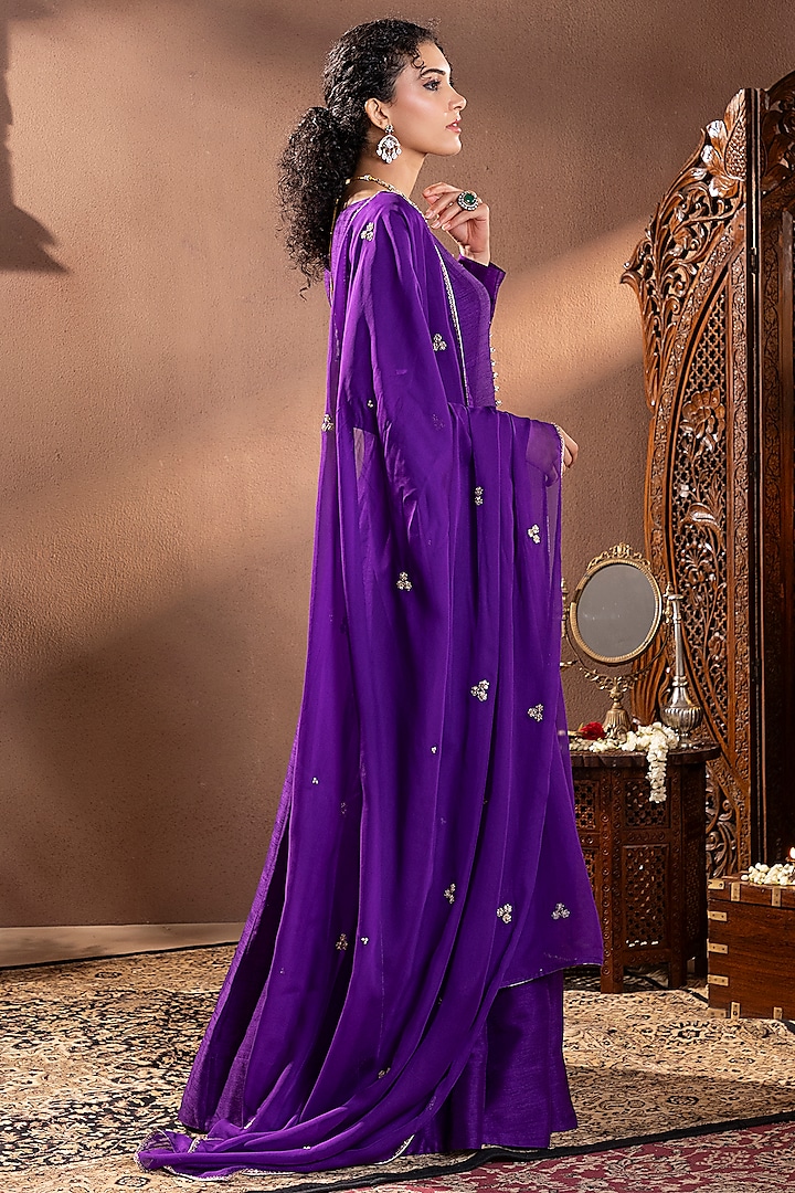 Purple Moonga Silk Zardosi Hand Embroidered Wedding Anarkali Set by Krishna Padia at Pernia's Pop Up Shop