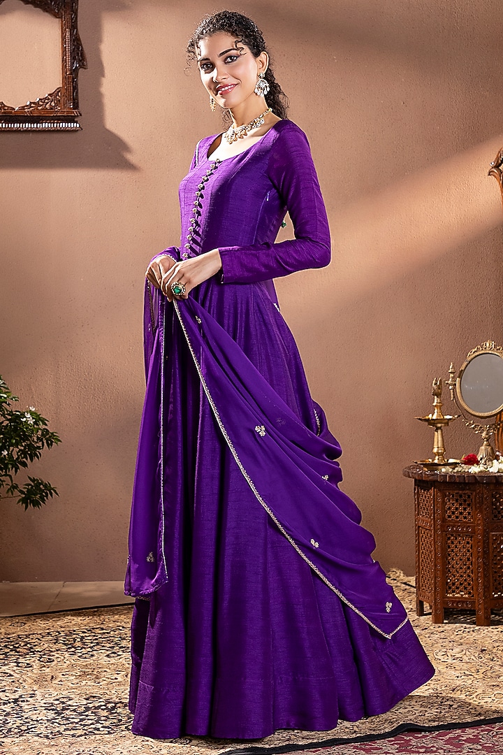 Purple Moonga Silk Zardosi Hand Embroidered Wedding Anarkali Set by Krishna Padia at Pernia's Pop Up Shop