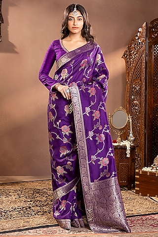 Purple Banarasi Silk Zari Work Saree Set by Krishna Padia