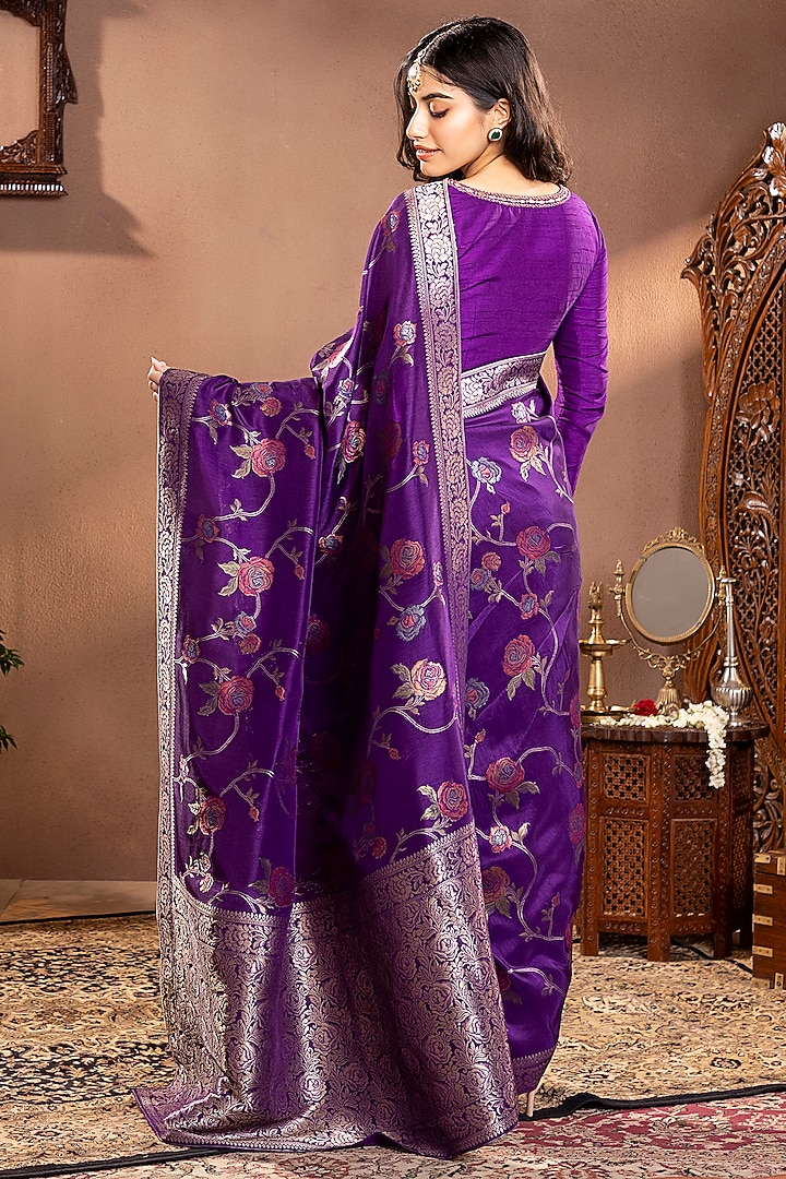 Purple Banarasi Silk Zari Work Wedding Saree Set by Krishna Padia at Pernia's Pop Up Shop