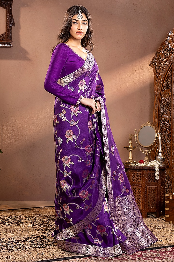 Purple Banarasi Silk Zari Work Wedding Saree Set by Krishna Padia at Pernia's Pop Up Shop