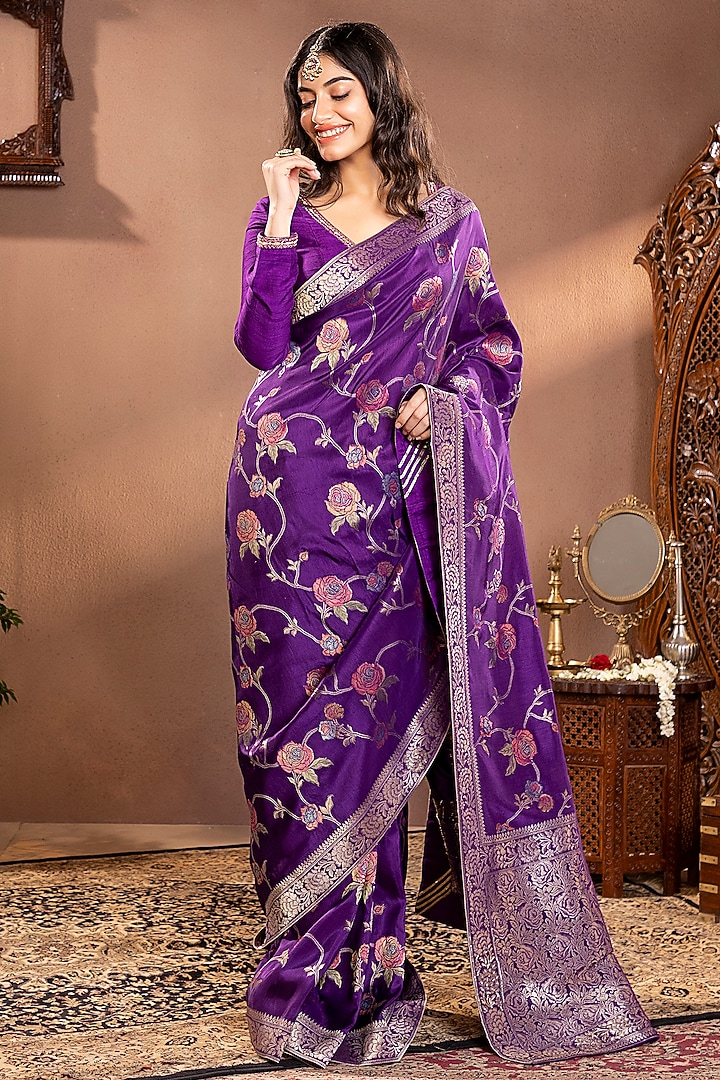 Purple Banarasi Silk Zari Work Wedding Saree Set by Krishna Padia at Pernia's Pop Up Shop