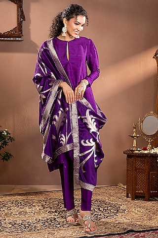 Purple Moonga Silk Kurta Set by Krishna Padia