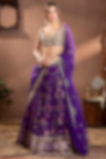 Purple Banarasi Mina Zari Silk Hand Embroidered Wedding Lehenga Set by Krishna Padia at Pernia's Pop Up Shop