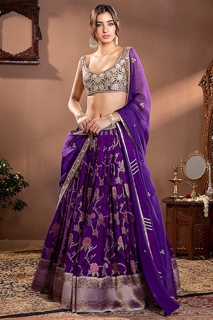 Purple Banarasi Mina Zari Silk Hand Embroidered Wedding Lehenga Set by Krishna Padia at Pernia's Pop Up Shop