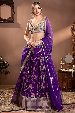 Purple Banarasi Mina Zari Silk Hand Embroidered Lehenga Set by Krishna Padia
