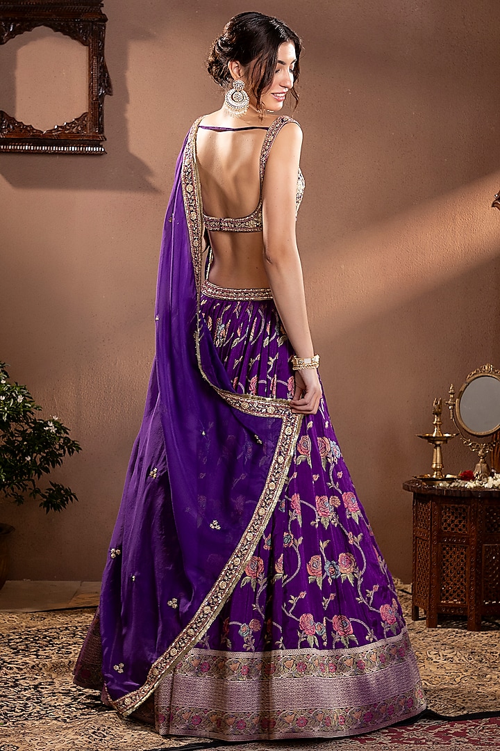 Purple Banarasi Mina Zari Silk Hand Embroidered Wedding Lehenga Set by Krishna Padia at Pernia's Pop Up Shop